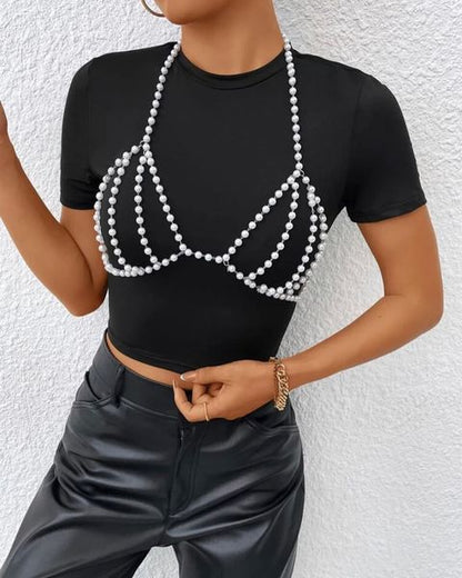 F4870Y 2025 vest sexy versatile pearl chain splicing neck halter top chest wrap small vest body chain
