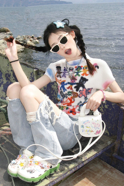 Artist original printing atmosphere thin short sleeves white color graffiti tee summer T-shirt top women