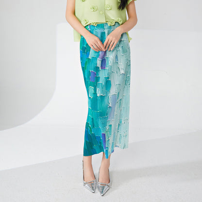 High sense of gradual change pleated skirt temperament elegant high waist hip wrap medium and long design sense after split step skirt