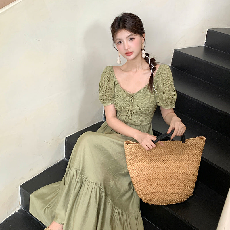 2025 popular summer dress new Korean version high waist short sleeve temperament dress vacation style long dress children 88087
