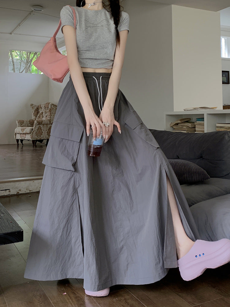 maoxiangshop 90s fashion 2024 Gentle Style Blue Drawstring Skirt Women's Early Autumn Lazy Slimming A- line Skirt Long Skirt