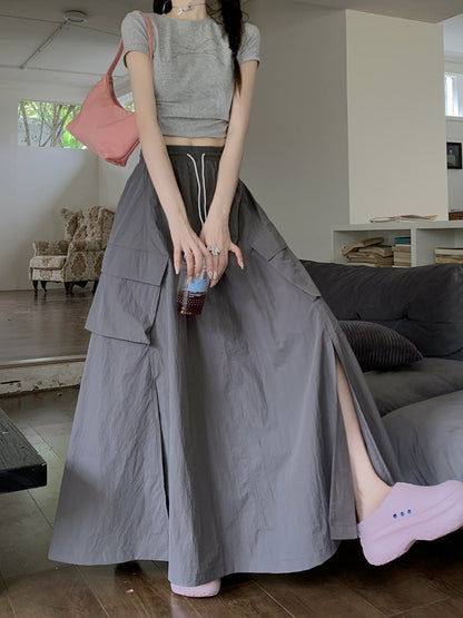 maoxiangshop 90s fashion 2024 Gentle Style Blue Drawstring Skirt Women's Early Autumn Lazy Slimming A- line Skirt Long Skirt