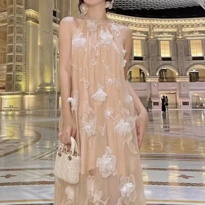 2025 sleeveless neck off-the-shoulder dress women's summer design sense gentle temperament three-dimensional flower dress