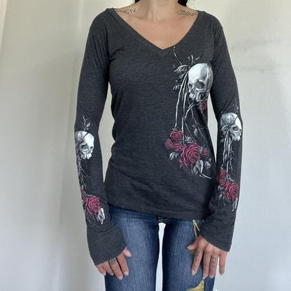 maoxiangshop outfit inspo 2024 Autumn and Winter New Women's Top Personalized Skull Flower Print V-neck Sexy Bottoming Shirt T-shirt
