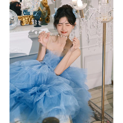 2025Temperament tube top light wedding dress  theme wedding dress blue birthday party photo interior photography clothing color yarn