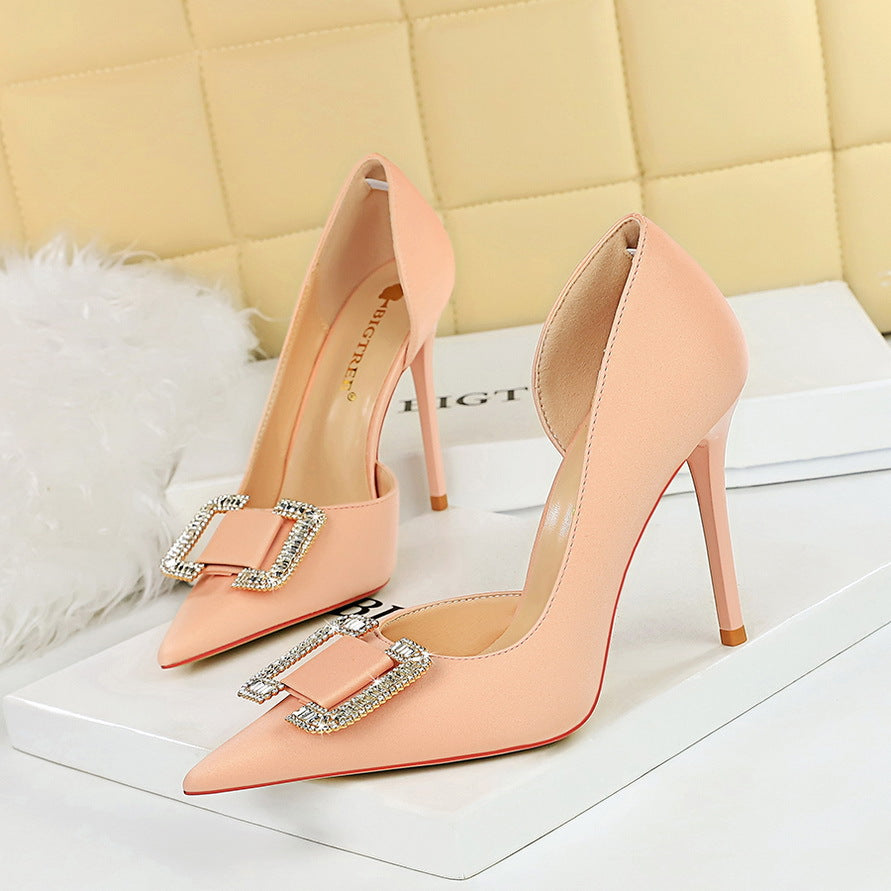 626-K6 2025 style sexy nightclub showing thin side hollow high heels women's shoes thin heel super high heel rhinestone buckle single shoes