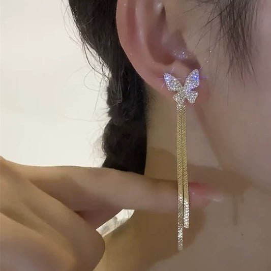 Super fairy temperament full diamond butterfly earrings women's 925 silver needle stud earrings design sense light luxury a two wear fringed earrings
