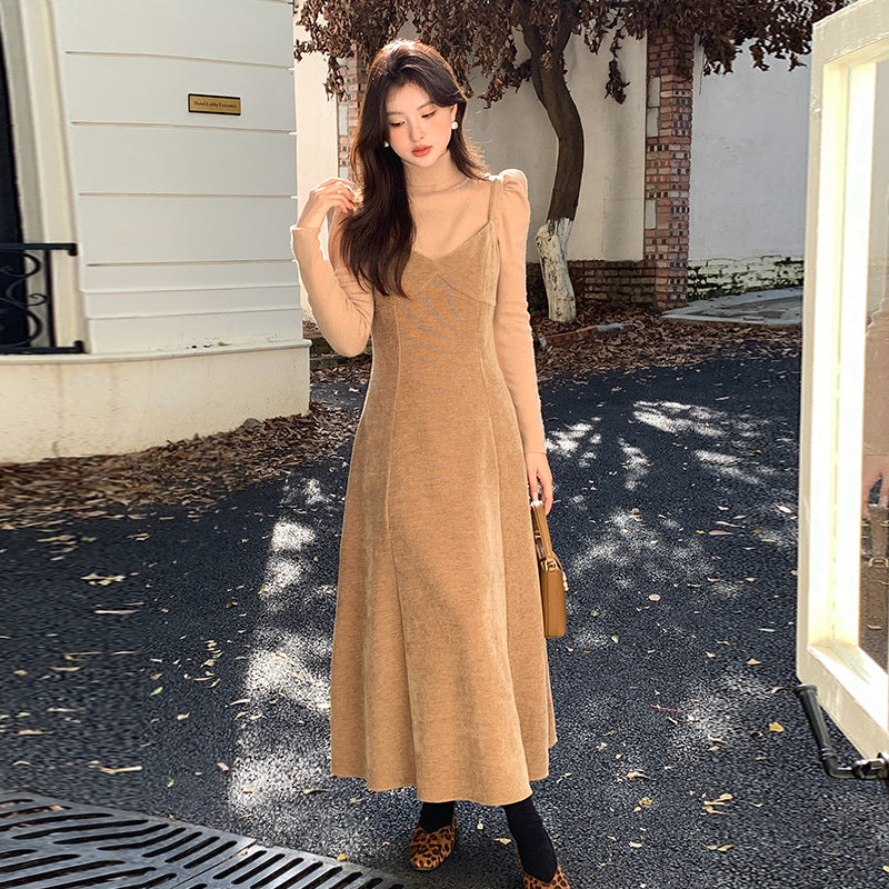 2025 popular autumn and winter new Korean version temperament versatile velvet suspender dress suspender long dress 88139
