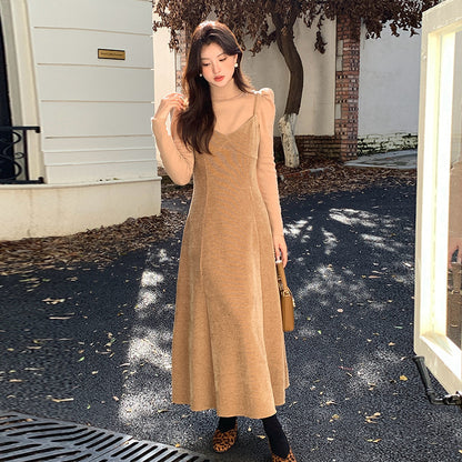 2025 popular autumn and winter new Korean version temperament versatile velvet suspender dress suspender long dress 88139