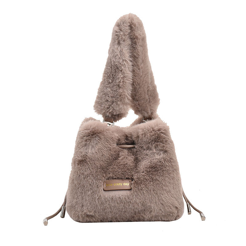 MAOXIANGSHOP 2025 autumn and winter new imitation rabbit fur pumping social worker handbag soft and simple bucket bag chain messenger bag bag