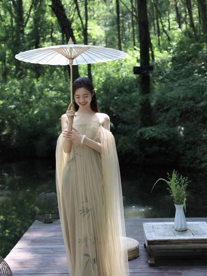 2025 (Spot) New Chinese cheongsam retro women's clothing Zen national style morning robe fairy mesh tube top suspender dress