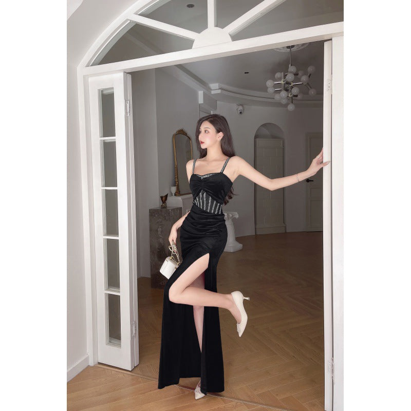 maoxiangshop Dress to Impress Codes Autumn Fashion Elegant Sexy Dress Slimming Evening Dress Low-Cut Velvet Dress for Women