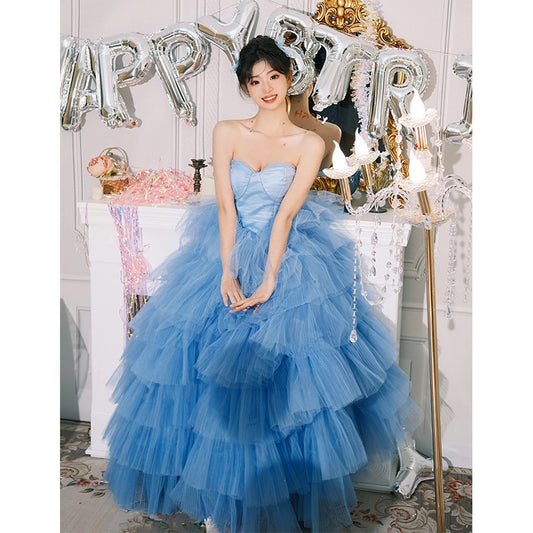 2025Temperament tube top light wedding dress  theme wedding dress blue birthday party photo interior photography clothing color yarn