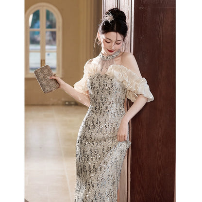 banquet evening dress women's  new high-end host fishtail engagement dress high-end light luxury niche