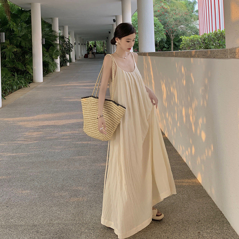 2025 Seaside vacation beach long skirt  temperament niche design sense sexy backless thin suspender dress women