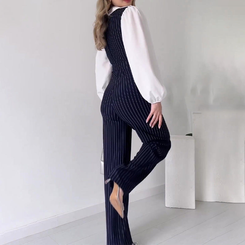 maoxiangshop-shop business casual outfits woman 2024 Women's Autumn Contrast Color Stitching Fashion High Waist Striped Straight Jumpsuit Women