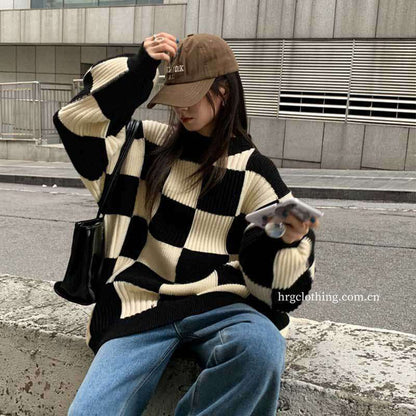 maoxiangshop-shop fall outfits aesthetic Chessboard Plaid Sweater for Women 2024 Autumn and Winter New Design Sense Niche Top Retro Japanese Style Lazy Style Sweater