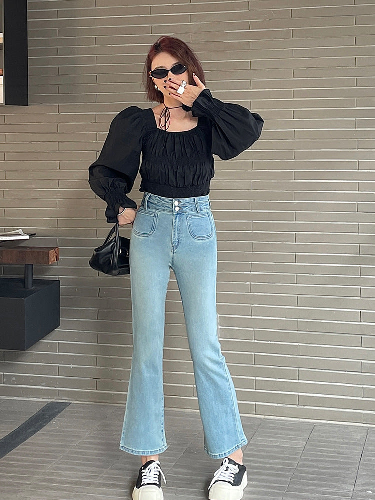 maoxiangshop-shop work outfits women Original Pure Flared Pants Spring New Elegant High Waist Cropped Pants Slim Pants Jeans for Small Girls