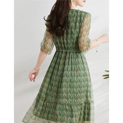 2025 Silk mulberry silk dress, coffee break  floral skirt women's clothing, summer small temperament waist A-shaped skirt