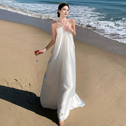 2025 satin tube top neck dress high-end morning robe toast dress temperament loose floor dress long dress