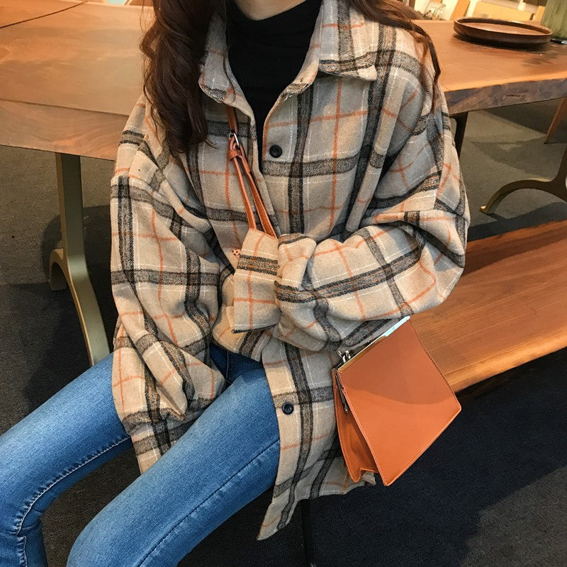 maoxiangshop-shop college outfits aesthetic Brushed Lapel Plaid Shirt Women's Clothing Winter New Retro Hong Kong Style French Fashion Top Student Coat