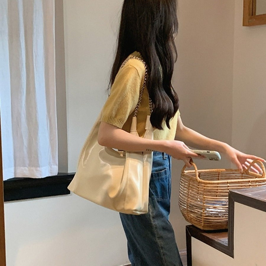 MAOXIANGSHOP 2025 Korean ins chain PU leather tote bag women's large capacity milk white soft underarm bag commuter handbag women