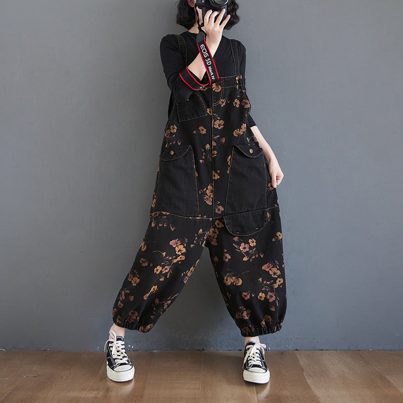 maoxiangshop grunge outfits plus Size Women's Printed Denim Suspender Pants Women's Spring and Autumn New Loose Large Pocket Casual Fashion Even Break Cropped Pants