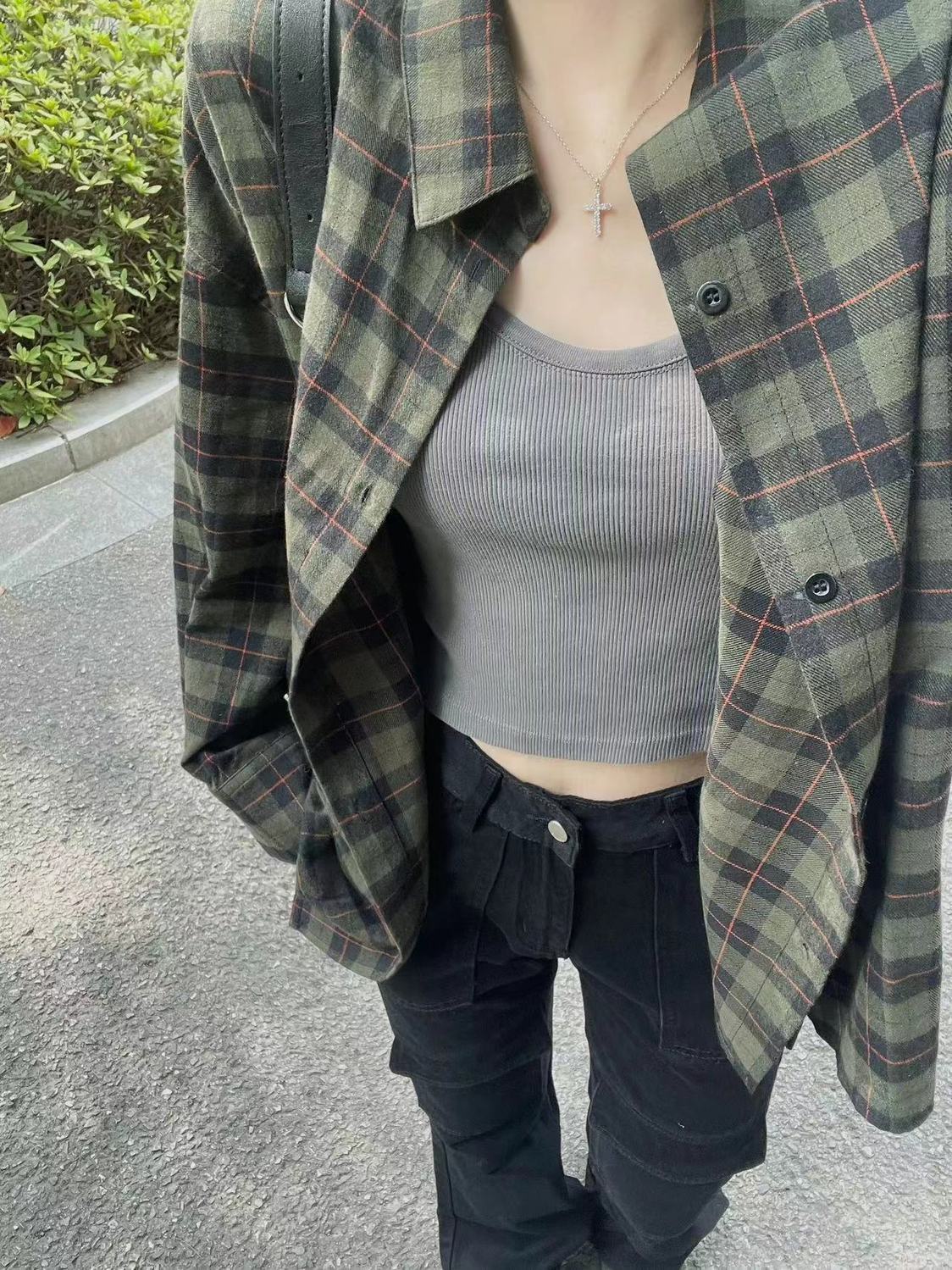 maoxiangshop-shop grunge outfits Retro Chic Green Plaid Shirt Women's Autumn and Winter Loose Lazy Style Mid-Length Shirt Coat Cardigan Outer Wear