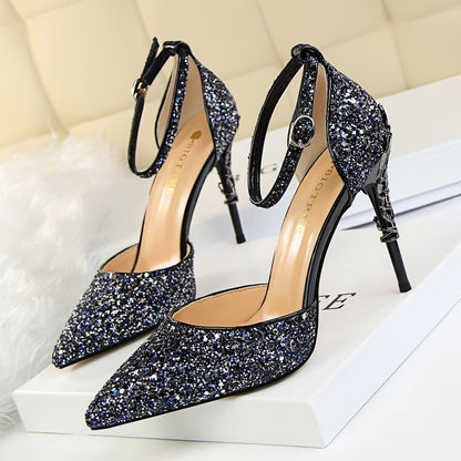 283-A5 2025 sexy hollow women's shoes metal decorative high heel shallow mouth pointed sequins word with hollow sandals