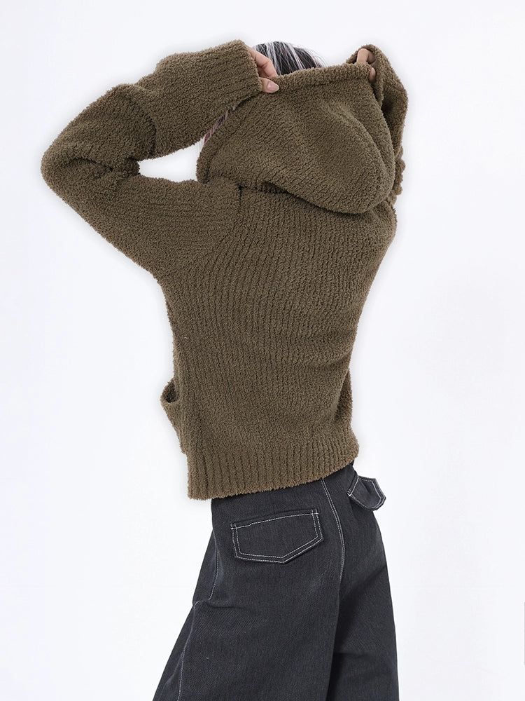 2025n retro soft waxy hooded sweater jacket women's autumn and winter popular camel long-sleeved knitted sweater top
