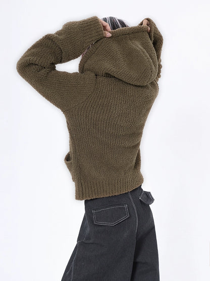 2025n retro soft waxy hooded sweater jacket women's autumn and winter popular camel long-sleeved knitted sweater top