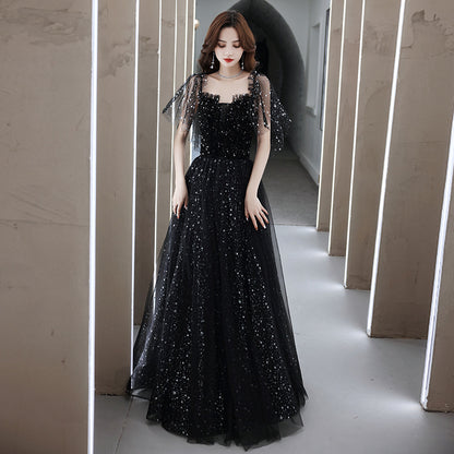 2025 Black adult birthday party evening dress female high-end light luxury niche  advanced sense art test performance host