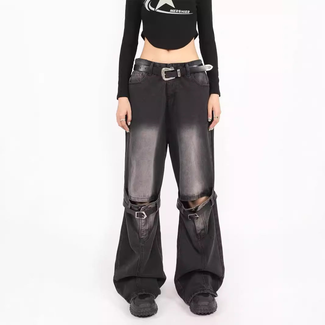 grunge dti Spring Blue Ripped Skinny Jeans Men's and Women's American-Style Retro Belt Stitching Straight Wide-Leg Trousers