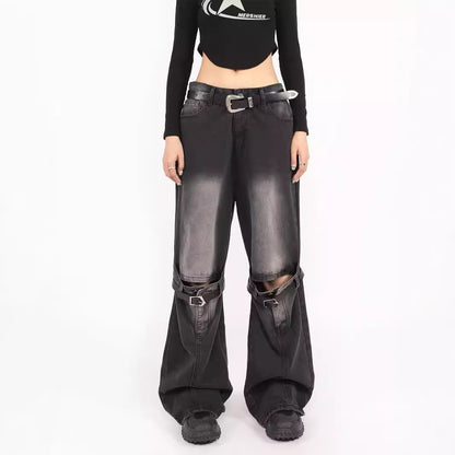 grunge dti Spring Blue Ripped Skinny Jeans Men's and Women's American-Style Retro Belt Stitching Straight Wide-Leg Trousers