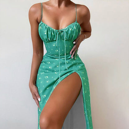 women's sexy fashion print pleated lace-up slit suspender dress