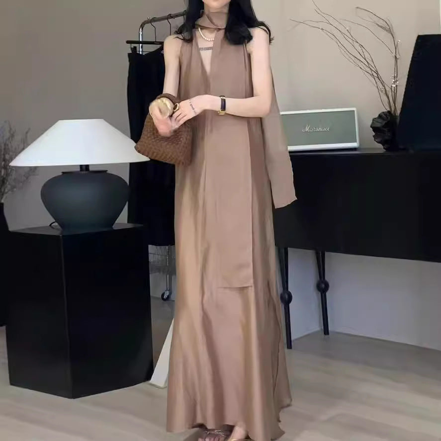 2025 popular summer new high-end temperament linen V-neck sleeveless dress, oversized skirt loose vest long dress