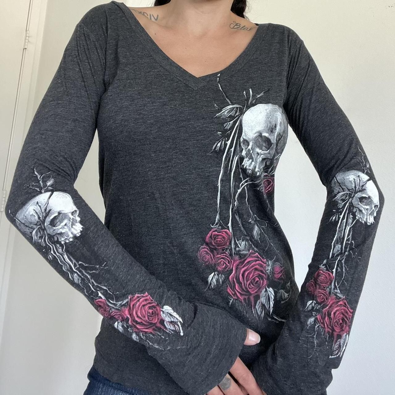 maoxiangshop outfit inspo 2024 Autumn and Winter New Women's Top Personalized Skull Flower Print V-neck Sexy Bottoming Shirt T-shirt