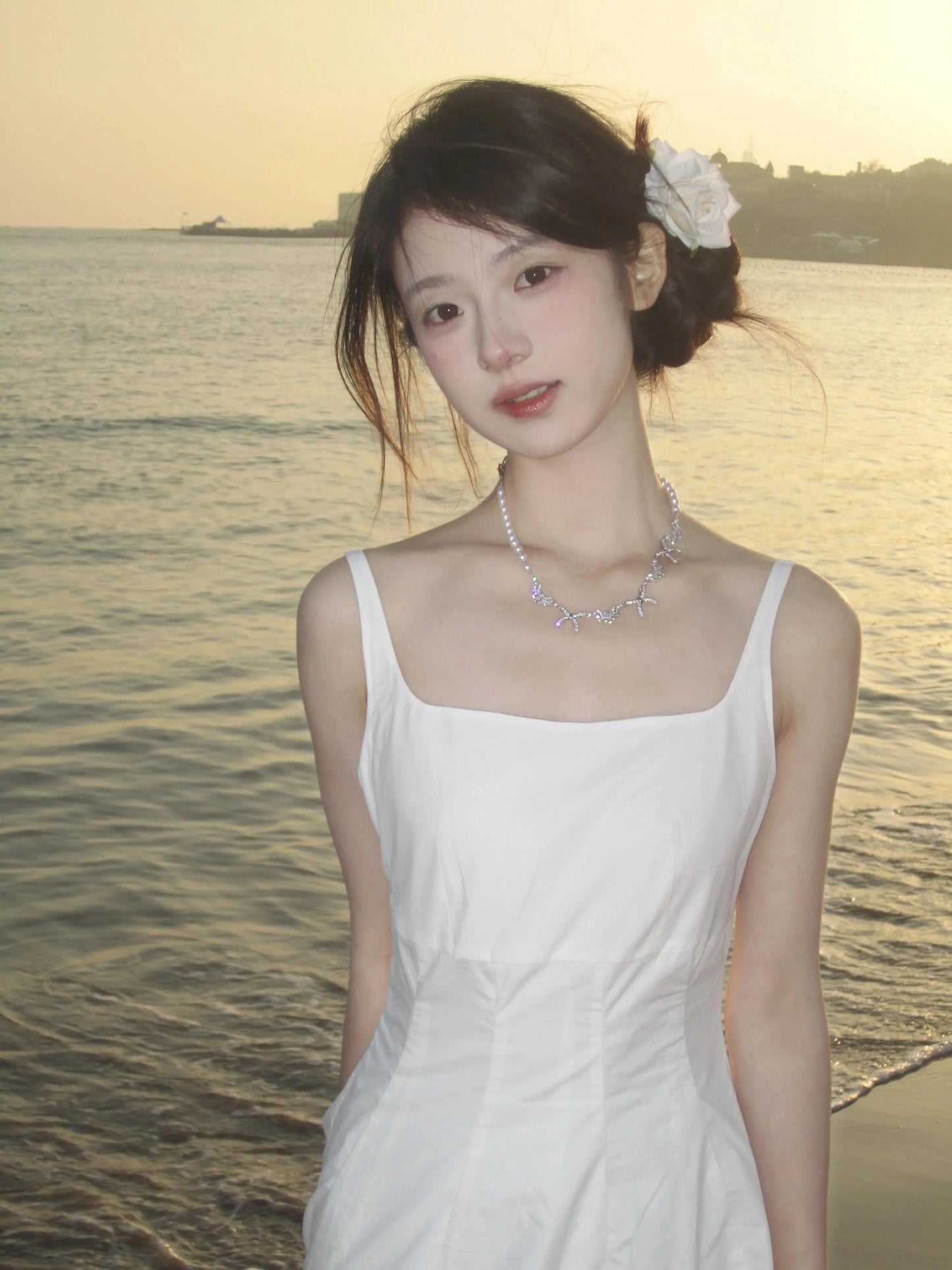 white suspender dress women's summer  new high-end temperament long dress first love dress 12048