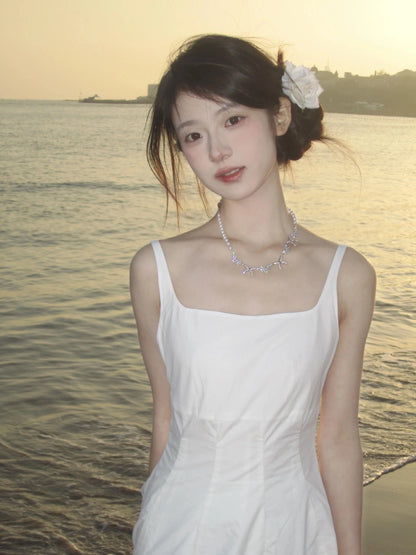 white suspender dress women's summer  new high-end temperament long dress first love dress 12048