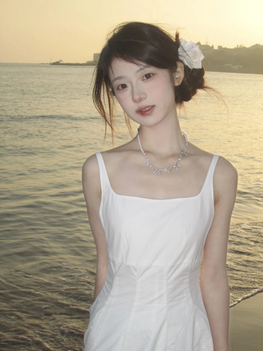 white suspender dress women's summer  new high-end temperament long dress first love dress 12048