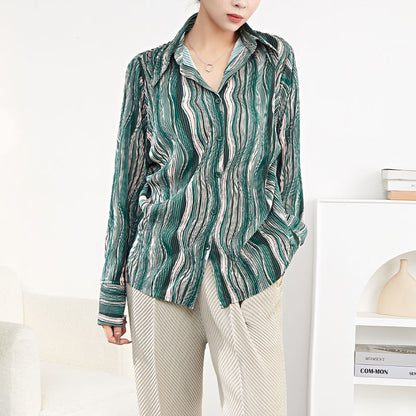 2025 Striped shirt sunscreen women's summer thin loose casual single-breasted unique beautiful shirt pleated cardigan top