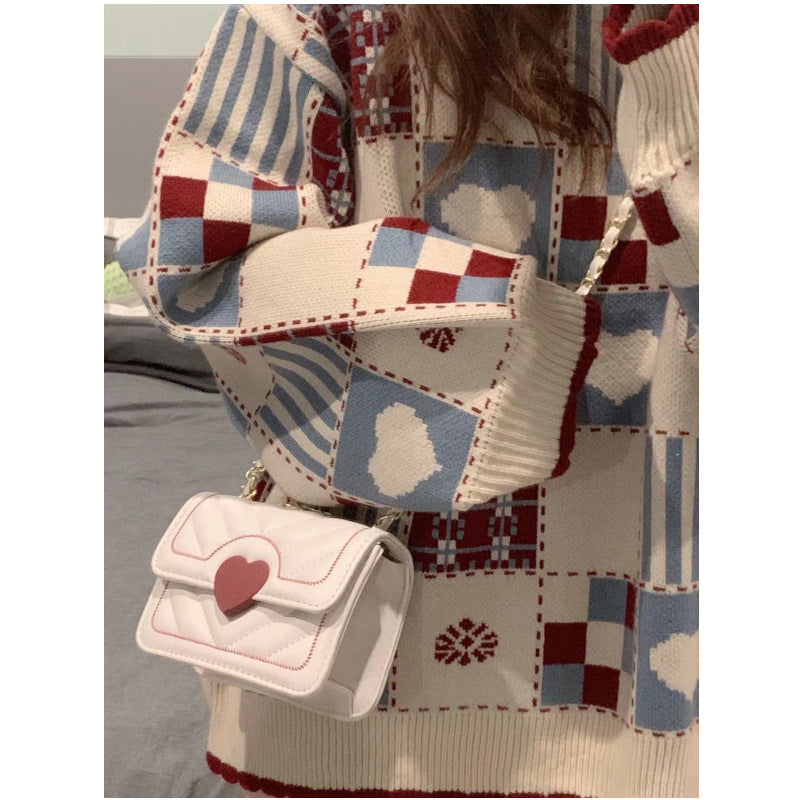 MAOXIANGSHOP 2025 Japanese ins white small bag female new student oblique span bag love contrasting color diamond chain portable small square bag