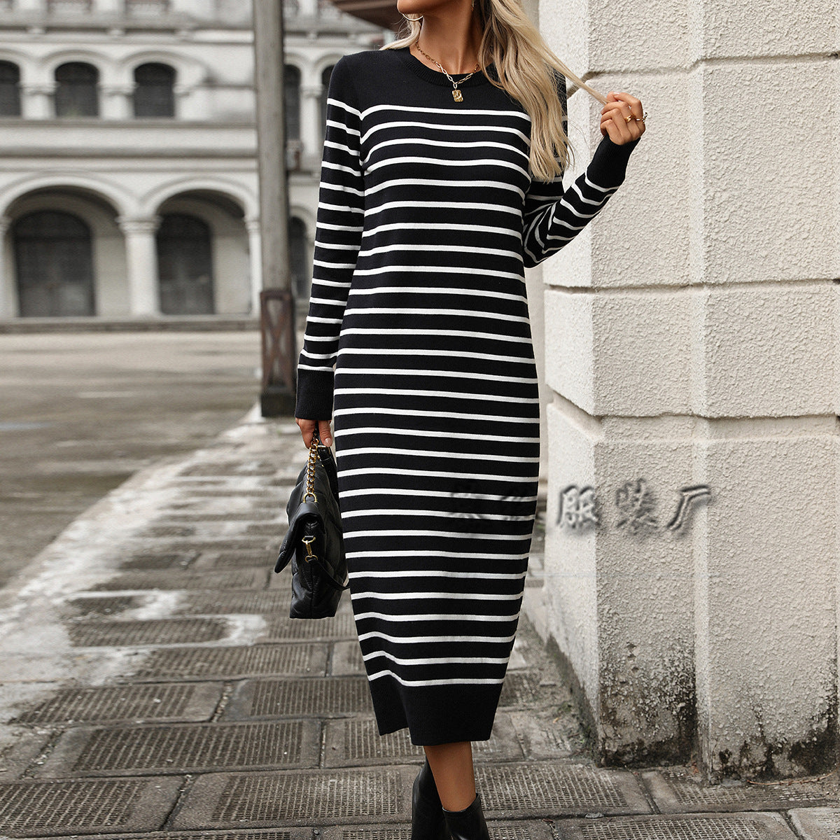 MAOXIANGSHOP New winter  's new slim-fit intercolor women's knitted sweater striped long dress fashionable autumn and winter dress