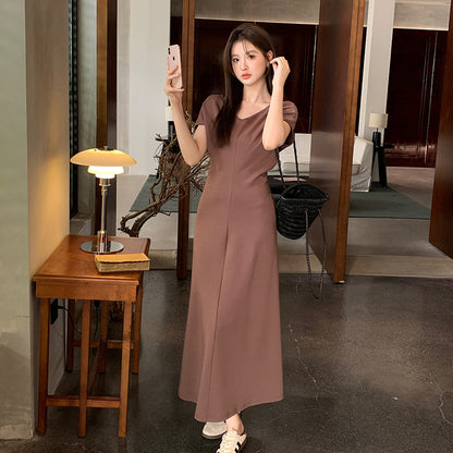 2025 popular autumn new temperament elegant solid color V-neck high waist short sleeve thin dress children 88118