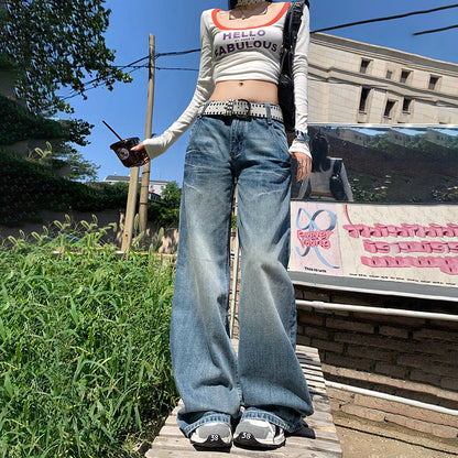 maoxiangshop outfit inspo Early Autumn New Draping Wide-Leg Jeans Women's Low Waist Loose Slimming Trendy Casual All-Match Mopping Pants