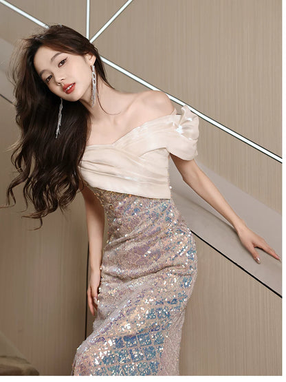 Evening dress new high-end sense light luxury niche high-end hostess fishtail sequined dress one-word shoulder