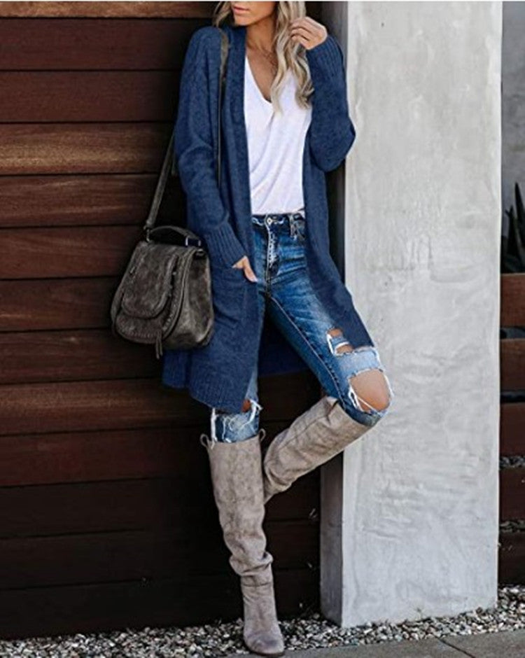maoxiangshop 2000s fashion Fall 2024 Women's Knitted Pocket Cardigan Long Sleeve Casual Knitted Loose Sweater Sweater Coat for Women