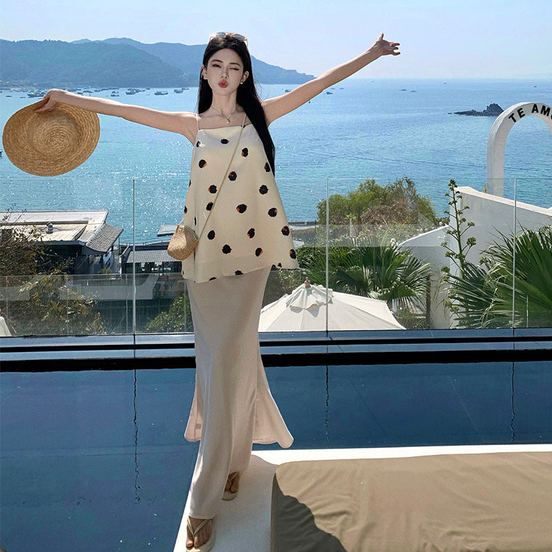 Holiday style suit  temperament socialite polka dot suspender top satin skirt summer dress with a complete set of women