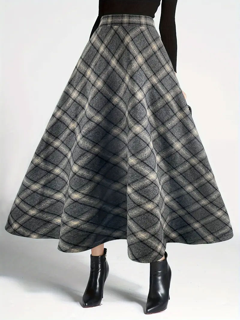 maoxiangshop outfit inspo fall Women's Autumn and Winter Plaid Woolen Skirt Thickened Retro plus Size A- line Skirt High Waist Long Dance Skirt Women's Skirt