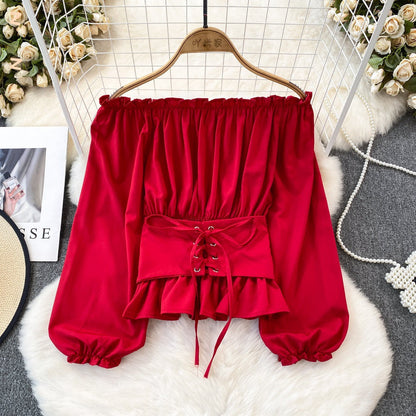 maoxiangshop grunge outfits Spring and Autumn Korean Style Hooded off-Shoulder off-Shoulder Waist Slimming Waist-Sealing Pullover Shirt Women's Western Style Short Top